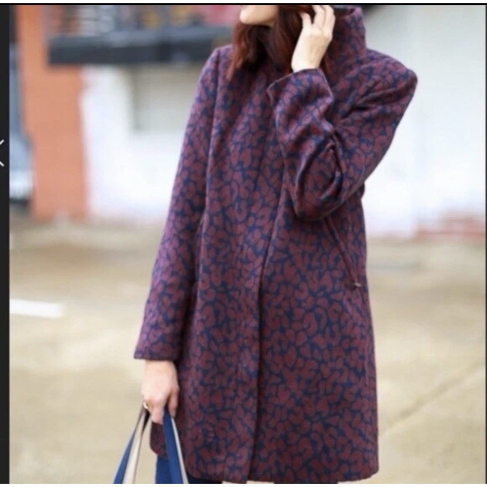 LOFT Burgundy Red Blue Fully Lined Leopard Print Jacquard Coat Jacket Size XL